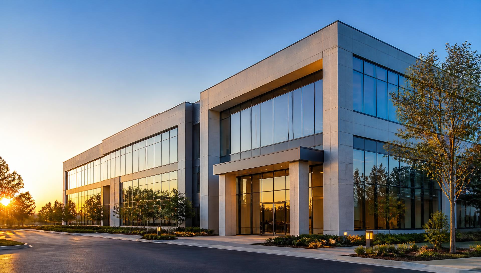 Modern corporate office building at golden hour